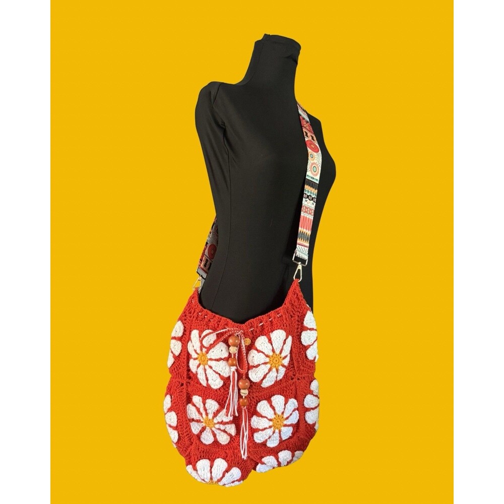 Hand Crocheted Daisy Shoulder Bag + Adjustable Strap | Mom Gift | Boho | Hippie - Picture 8 of 9